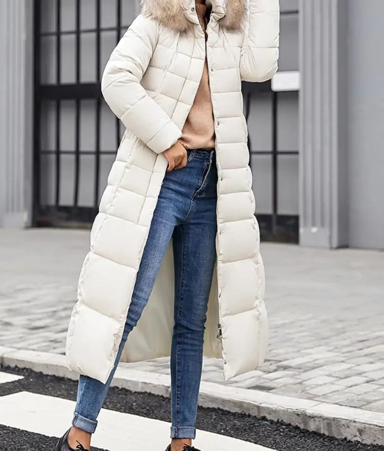 Neue Wintermode Langarm Pelzkragen Reißverschluss Einfarbig Slim Fit Lange Version Dicke Daunenjacke Mit Kapuze Für Frauen, 6 Farben.