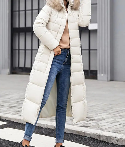 Neue Wintermode Langarm Pelzkragen Reißverschluss Einfarbig Slim Fit Lange Version Dicke Daunenjacke Mit Kapuze Für Frauen, 6 Farben.