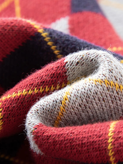 FSLE Plaid Rot Grau V-ausschnitt Gestrickte Weste Top für Frauen 2025, Herbst Neue Ankunft Retro College Stil Oberbekleidung Weste 25FS13248.