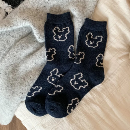 Christmas Gift Socks Women Winter Keep Warm Wool Socks Cute Bear Cartoon Happy Funny Kawaii Daily Streetwear Woman Floor Socks.