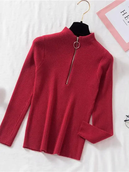 Frauen Fashion Solid Strick Pullover Vintage Langarm Zip-up Grundlegende Hälfte Rollkragenpullover Weibliche Pullover Chic Casual Tops