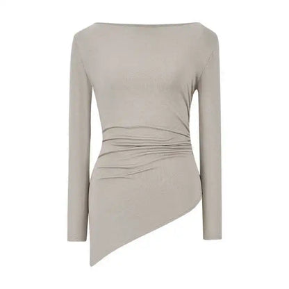 Sexy Long Sleeve T-Shirt Shoulder Bared Waist Cinched Slim Fit Knitted Cotton Solid Color Casual Urban Style for Early Autumn