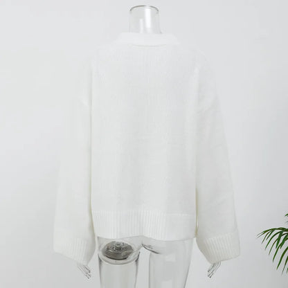 Damenjacke mit V-Ausschnitt, einfarbig, langärmelig, Strickjacke, modischer, lockerer, lässiger Pullover