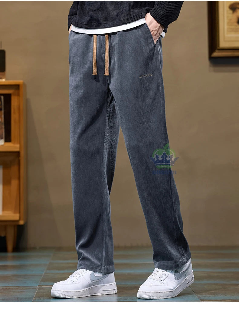 Autumn Winter Men's Corduroy Pants Elastic Waist Fashion Stretch Loose Straight Black Grey Thick Trousers Male Plus Size M-5xl.