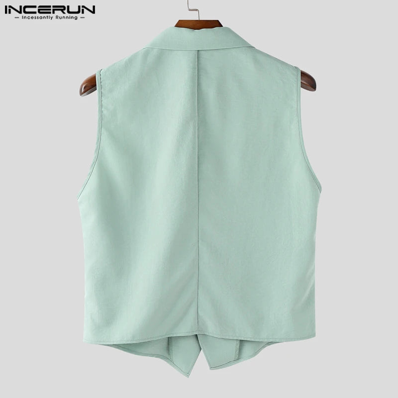 INCERUN Summer Men's Sets Solid Color Sleeveless Tops Tee Buttons Summer Long Pants Male Two-piece Suits Streetwear 2PCS S-5XL
