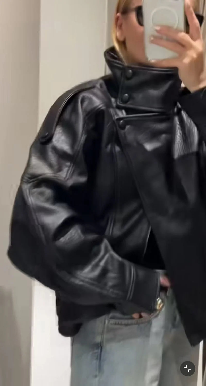 ETJ 2025 neue Damenmode, lockere Version der Stehkragen-Kunstlederjacke, Streetstyle, coole, hübsche Lederjacke