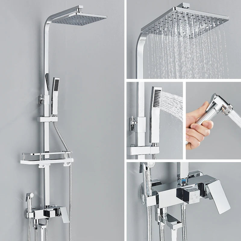 Black Chrome 3/4-way Shower Faucet Rainfall Shower Hot Cold Water Mixer Bidet Faucet Commodity Shelf For Bathroom Shower Mixer