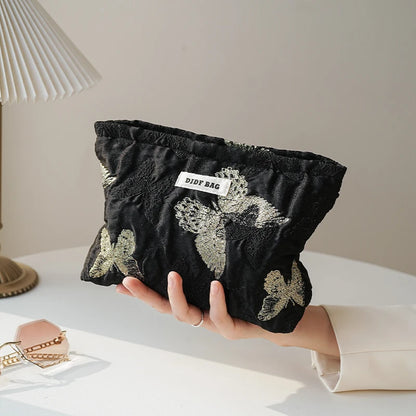 White Embroidery Daisy Women's Makeup Bag Portable Coin Purse Key Case Cosmetics Lipstick Storage Bag Commuter Liner Bag Ins