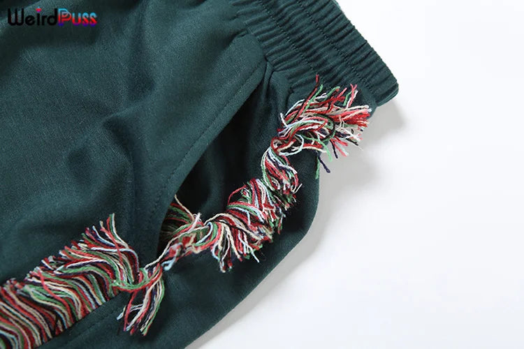 Weird Puss Casual Sporty 2 Piece Set Women Letter Embroidery Crop Tops+Side Tassel Straight Pants Matching Streetwear Tracksuits