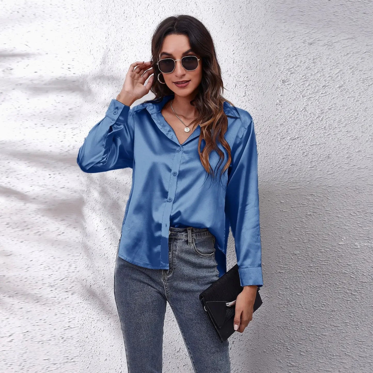 Autumn Women Solid Satin Shirt Long Sleeve Imitation Silk Loose Button Up Blouse Shirt Ladies Tops Fashion Clothing