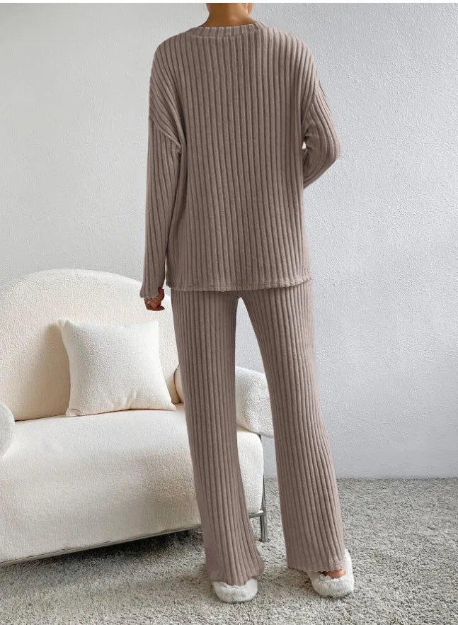 Autumn Winter Ribbed Knit Two Piece Set Womens V Neck Long Sleeve Top Wide Leg Pants Loungewear Casual Solid Color Outfit