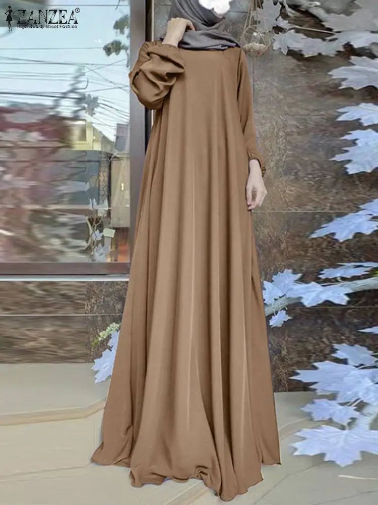 ZANZEA Muslim Women Summer Abaya Sundress Solid Islamic Clothing Marocain Vestido Robe Femme Fashion Long Sleeve Kaftan Dress.
