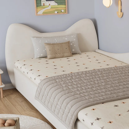 Polsterbett, Einzelbett, süßes Katzendesign, hydraulisches Bett mit Stauraum und Gürtelgriffen, stabiler Gitterrost, 90 x 200 cm