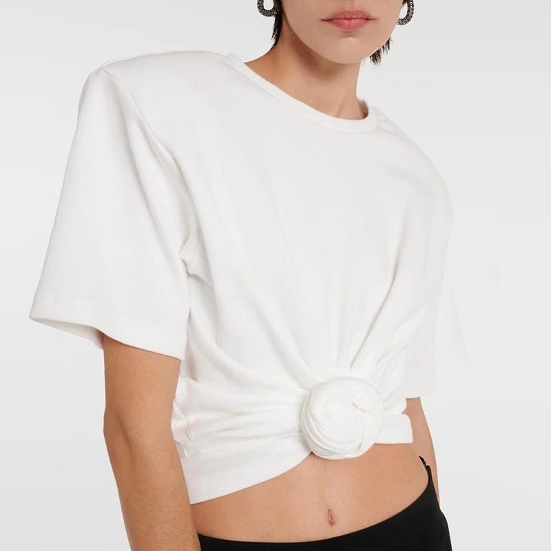 Y2K knotted twist knitted threaded round neck Top women fashionable and versatile navel padded shoulder short-sleeved T-shirt.