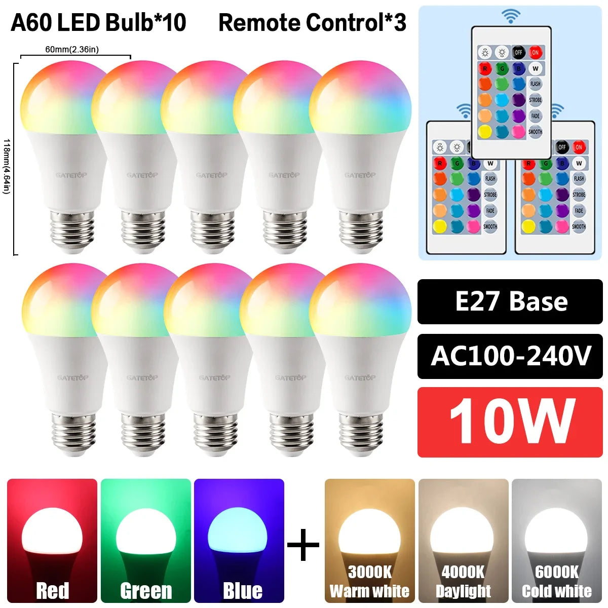 E27 RGB LED Bulb Base 24 Key Remote Control Dimmable 10W RED Blue AC220V 110V Colorful Change for Bedroom Living Room Desk Lamp.