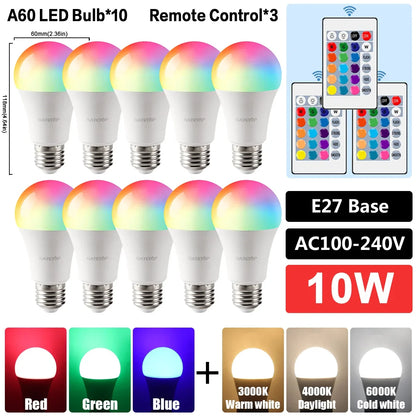 E27 RGB LED Bulb Base 24 Key Remote Control Dimmable 10W RED Blue AC220V 110V Colorful Change for Bedroom Living Room Desk Lamp.