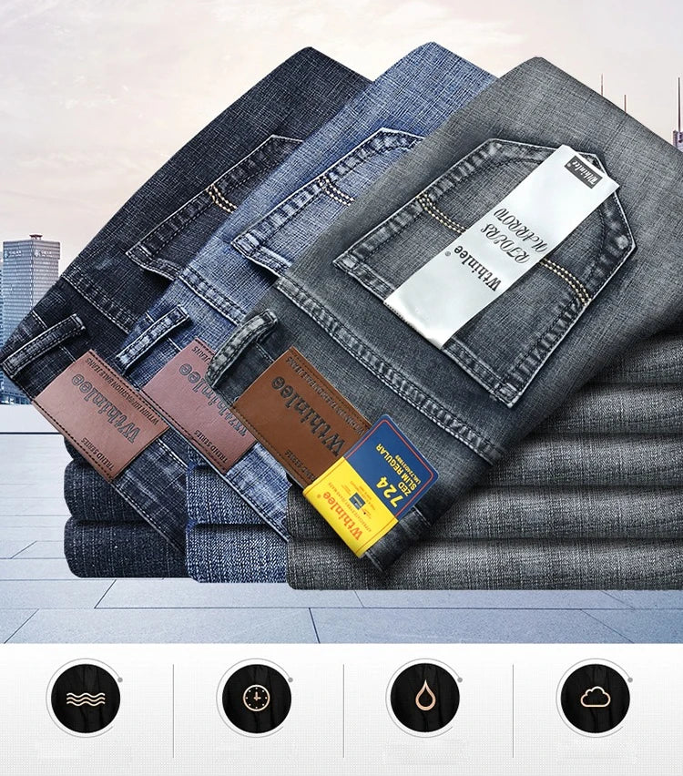 New Business Men's Jeans Casual Straight Stretch Fashion Classic Smoke Gray Blue Black Work Denim Trousers Male Brand Clothing.