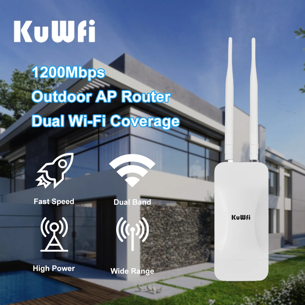 KuWFi 1200Mbps Outdoor Access Point Wireless WiFi Extender Dual Band 2.4G/5GHz AC1200 AP Router with High Gain External Antenna.