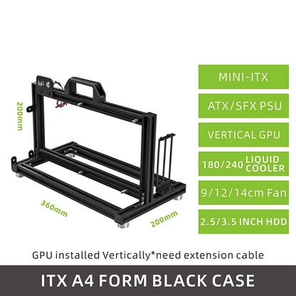 METALFISH ITX A4 Aluminum Open Frame Case, Vertical GPU, 240mm Cooler, Mini-ITX Compatible, DIY Gaming PC.