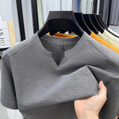 Korean Men's Casual and Fashionable Small V-neck Solid Color Short Sleeved T-shirt Comfortable Summer Versatile Top.