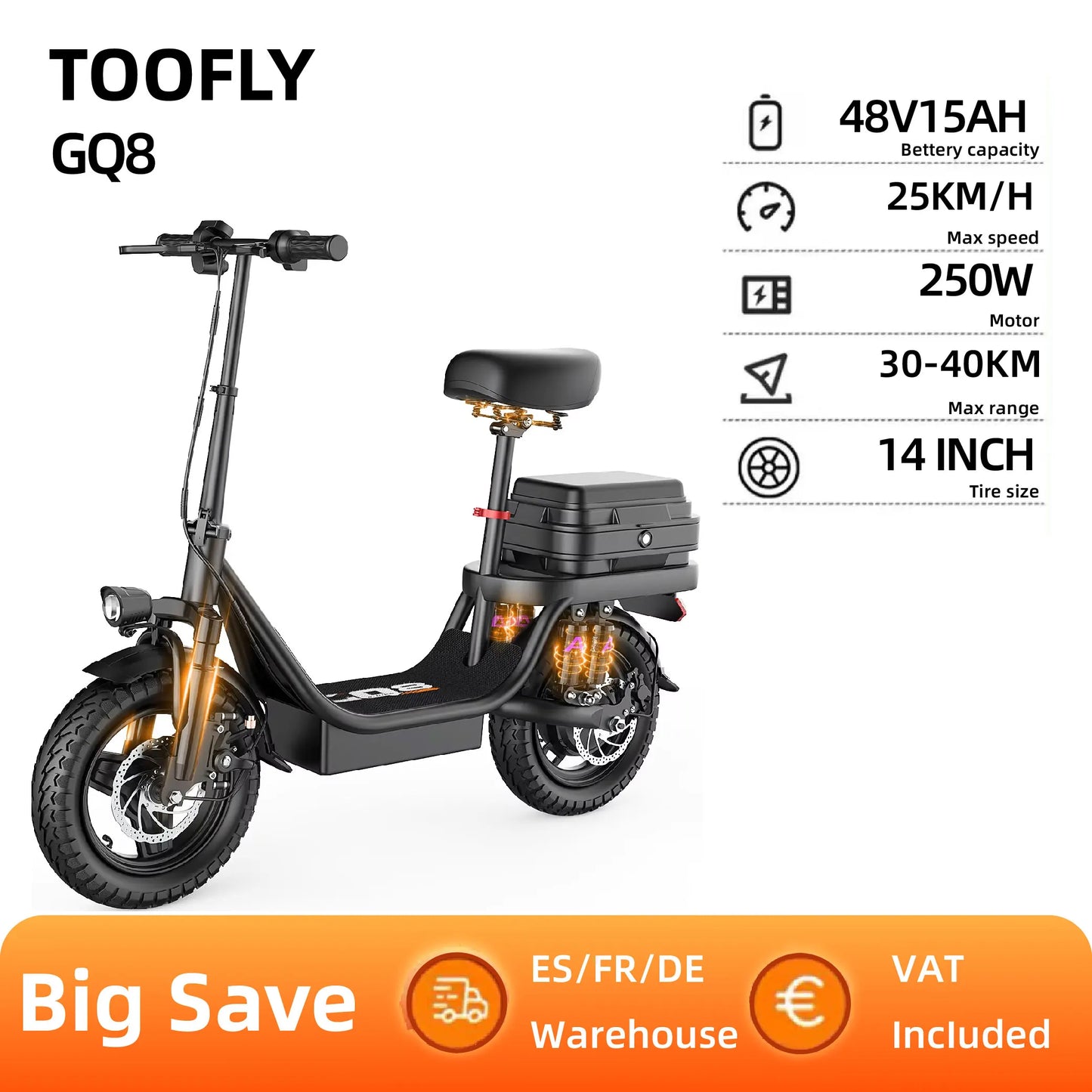 TOOFLY GQ8 Adult Electric Scooter 250W 48V15AH Foldable Electric Scooter  Inch Vacuum Tires City Commuter Electric Scooter.