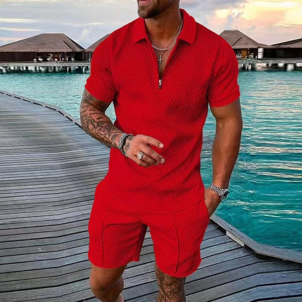Casual Mesh Lapel short-sleeved Pullover + Shorts Solid Thin Sportswear set, Black suit, men's Sportswear T-shirt Set.