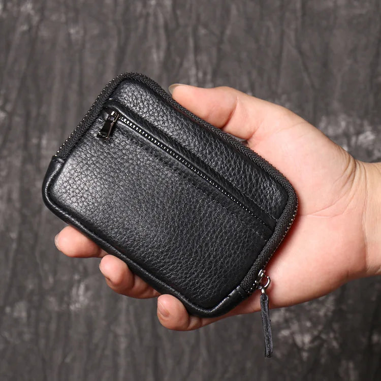 Genuine Leather Suitable for Men Women Pocket Wallets Mini Zipper Small Purses Retro Key Holder Money Bag Coin Change Purse.