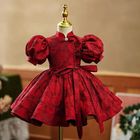 Sommer neue Kinder Prinzessin Ballkleid Kinder Bogen Puff Ärmel Design Hochzeit Geburtstag Taufe Party rote Kleider für eid a2051