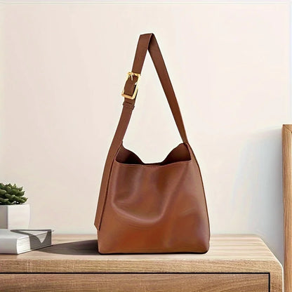 Women's Fashion Tote Bag, Minimalist Shoulder Handbag, Retro Faux Leather Bucket Bag, Polyurethane Lining, No Print.