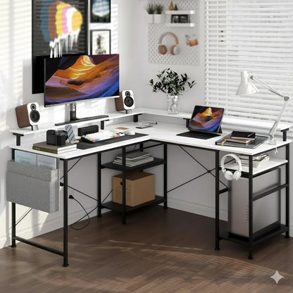 Moderner L-Schreibtisch, 2 in 1 Umwandelbar, 140/230cm, mit ergonomischer Monitortisch-Aufsatz, Power Hub, Gaming-Tisch