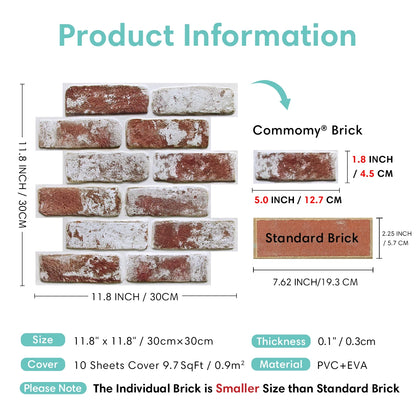 10pcs 3D Brick Wall Stickers Self-adhesive Faux Brick Wall Panels, Matt, Waterproof, 30 x 30cm, Living Room Bedroom Wall Decor
