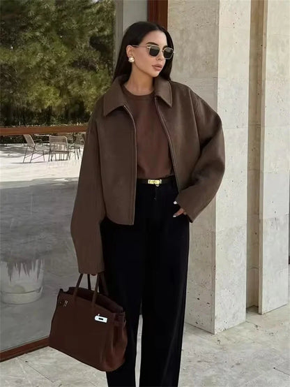 Mode Braun Zipper Woolen Jacke Für Frauen Elegante Revers Langarm Kurze Mäntel Weibliche Vintage Herbst Dame Straße Oberbekleidung