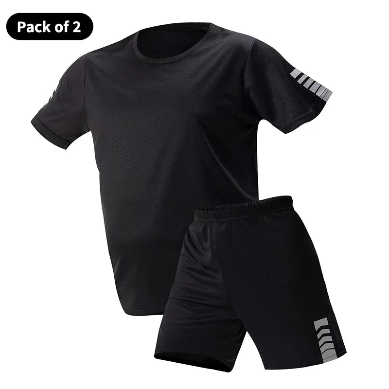 2-pcs Men's Quick-drying Exercise Black-and-white Suit Running Fitness Breathable Short Sleeve Comfortable Joker Playing Shorts