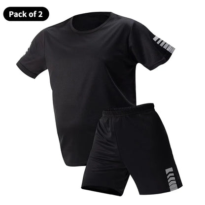 2-pcs Men's Quick-drying Exercise Black-and-white Suit Running Fitness Breathable Short Sleeve Comfortable Joker Playing Shorts