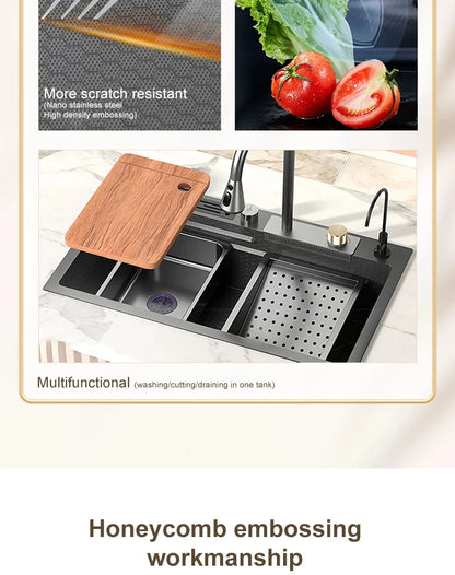 Large Single Slot Embossed Stainless Steel Waterfall Kitchen Sink  Household Wash basin Dishwashing  Sink For Kitchen
