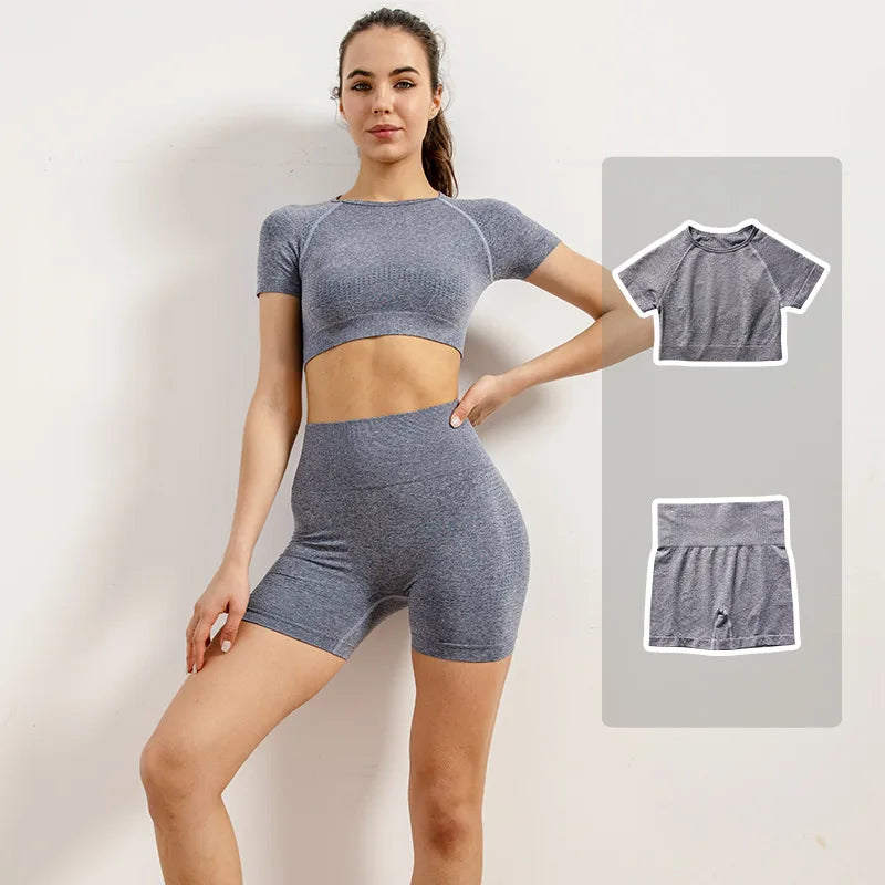 Women Vital Seamless Yoga Fitness Clothing Set High Waist Gym Leggings Crop Tops Sports Tracksuit Plush Up Sports Outfits