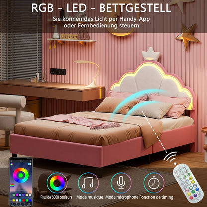 Lazyspace Samt-Polsterbett, LED-Kopfteil in Wolkenform mit dekorativer Krone, rosa Bettrahmen für Mädchen