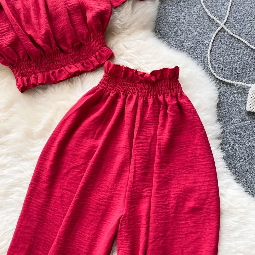 2024 Summer Green/Black/Red Two Piece Set Women Sexy Slash Neck Short Tops + High Waist Wide Leg Pants Female Suit New.