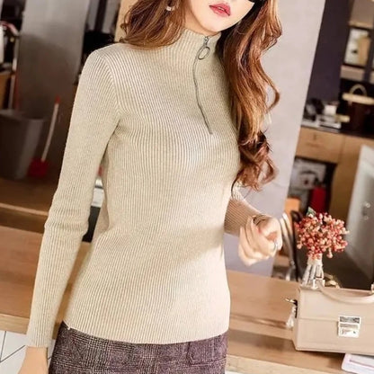 Spring Autumn Skinny Elastic Knitted Shirt Women Pullover Sweater Tops Female Long Sleeve Slim Mock Neck Knit Bottoming Shirts.