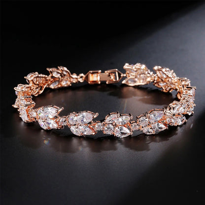 ZAKOL Luxury AAA Cubic Zirconia Wedding Bracelets for Women High Quality White Gold Color Leaf Charm Bracelet Bangles.