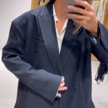 Fashion Line Suit Pants Set Women Lapel Full Sleeve Double Breast Pocket Blazer Straight Trousers 2025 Autumn Winter Lady Outfit.