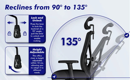 AUTHMIC Ergonomischer Bürostuhl mit Netzrücken, 5D-Lendenwirbelstütze, Liegestuhl 90–135 ° , Verstellbare Armlehne und Kopfstütze für das Heimbüro