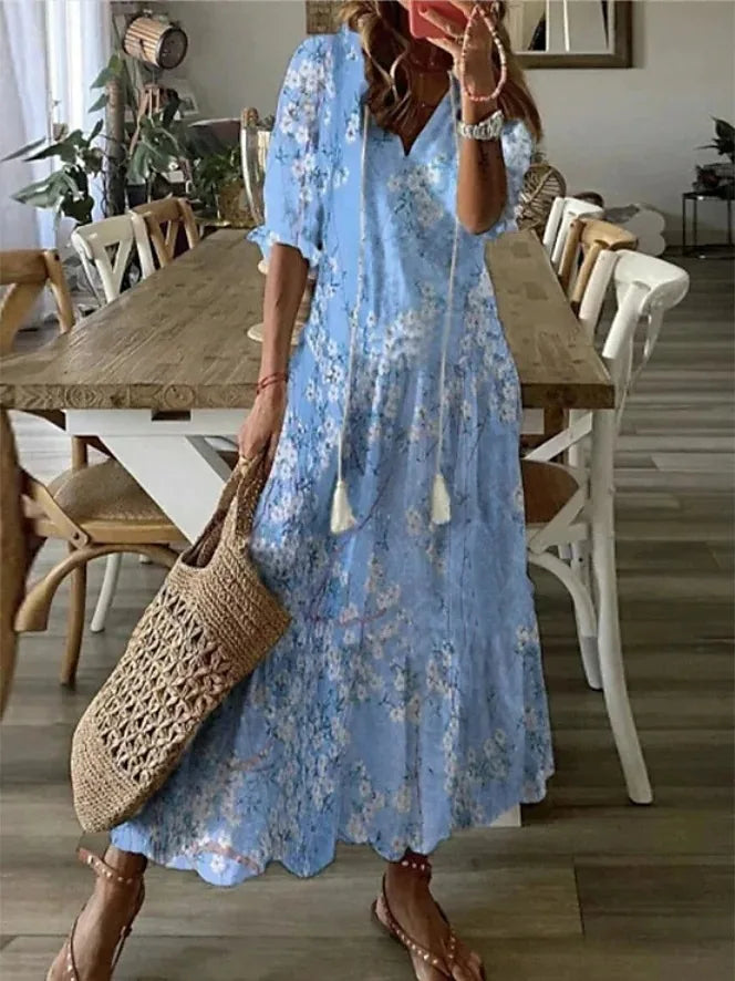 Neue frauen Frühling Sommer Kleid Sexy V-ausschnitt Kordelzug Gedruckt Lange-ärmeln Kleid Beiläufige Lose Mode Elegante Frische Süße kleid.