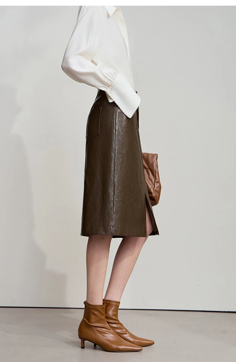 AMII Minimalist PU Leather Skirt For Women 2025 American Retro Knee-Length Skirt Solid Basics Business Women's Clothing 12553014.