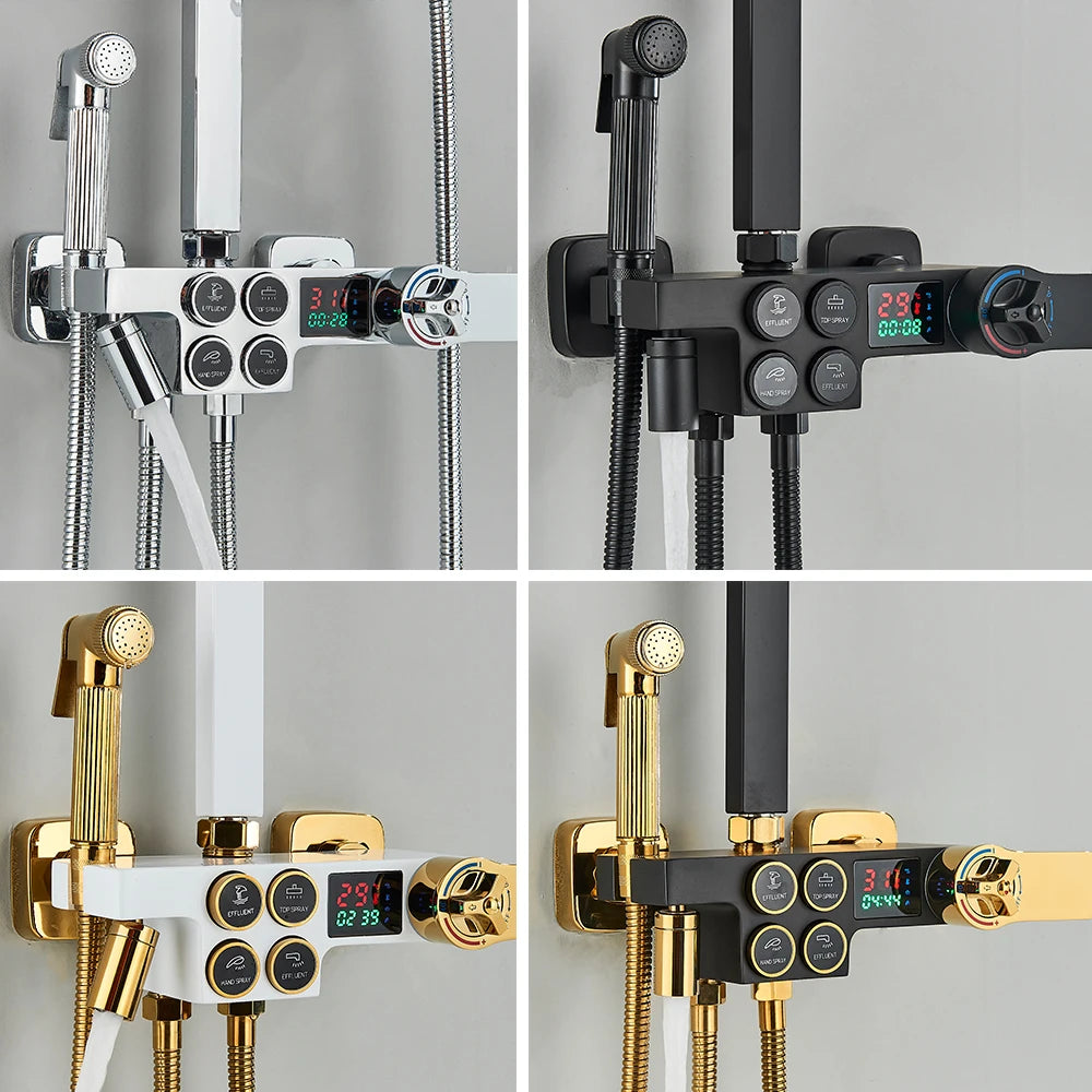 Black Thermostatic Shower Faucet Set For Bathroom Smart Display Hot Cold Water Mixer Tap Wall Mounted Rainfall System With Bidet