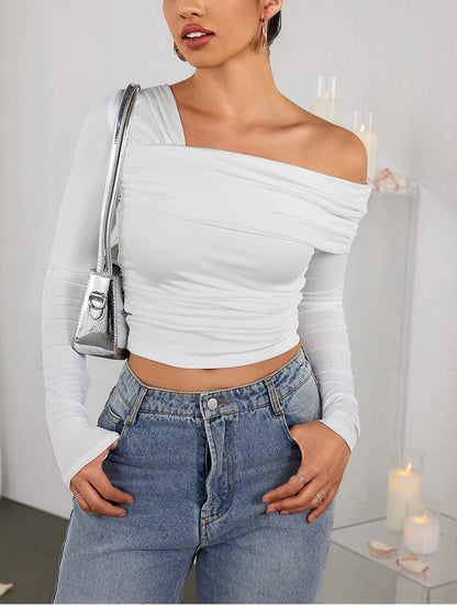 NewAsia Sexy Tight One Shoulder Top Long Sleeve Double Layer Crinkle Texture Asymmetrical Party Chic Blouse Women Fashion Tops.