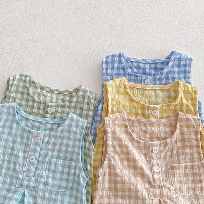 2024 Sommer Baby kleidung Plaid Kleinkind Jungen Mädchen Bodysuit ärmel los einteiliges Kleinkind Outfit