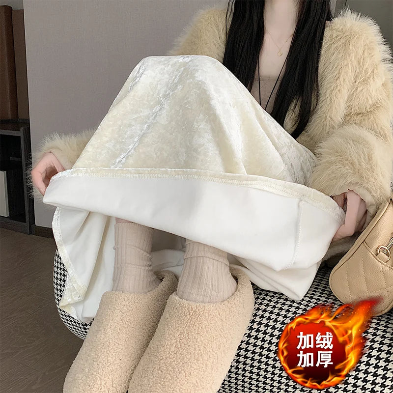 Plush Velvet Midi Skirt - 2025 New High-Waisted A-Line Mermaid Hem Skirt, Fleece-lined, Autumn Winter Thick Velvet Skirt