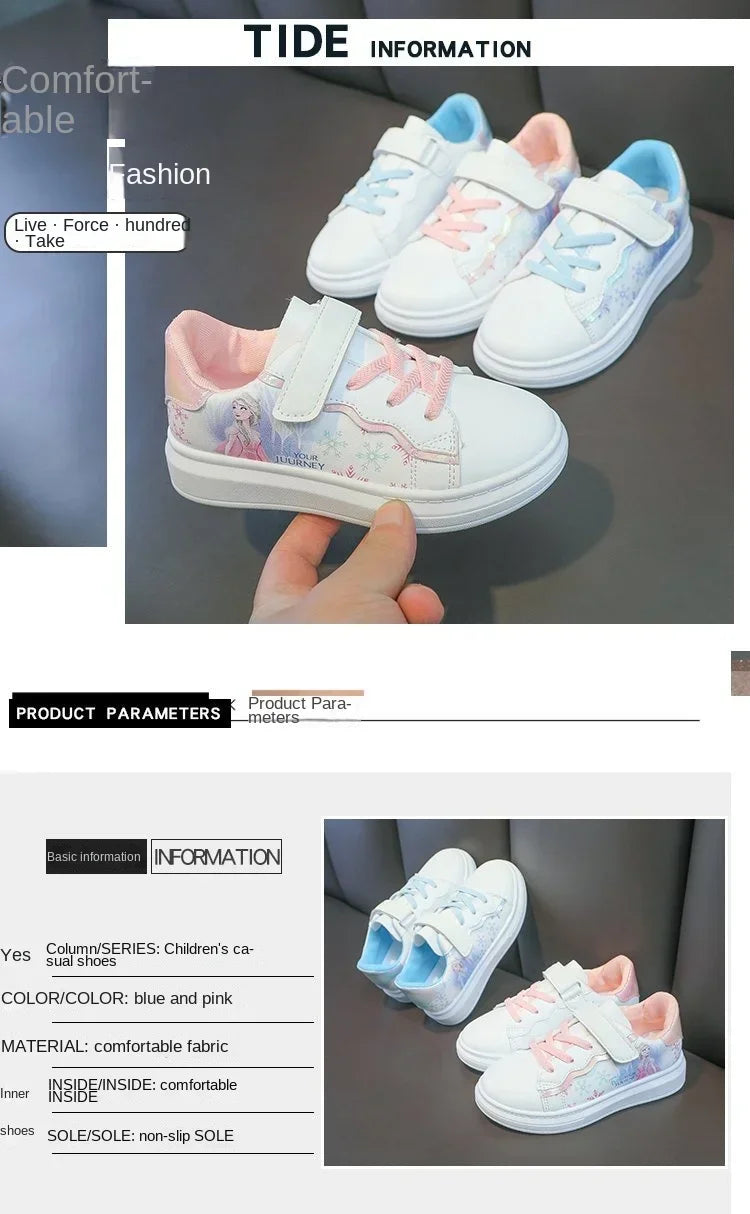 Disney Kids Girls Shoes 2024 New Children Sneakers Girls Elsa Frozen Princess Casual Sport Shoes Student Shoes Teen Shoes.