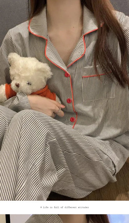 2 Teile/satz frauen Langarm Lose Atmungs Student Nachtwäsche Loungewear Strickjacke Grau Gestreiften Mädchen Mode Pyjamas Homewear.